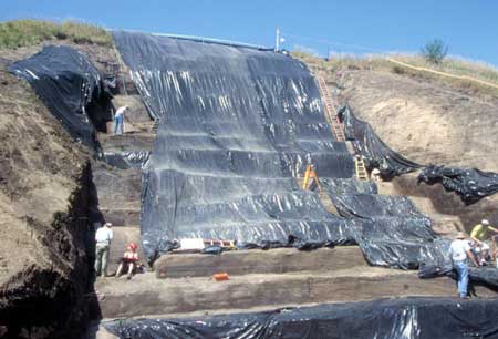 Repair work conducted on a sloping face of Monks Mound in 2007. (Courtesy Washington University in St. Louis)