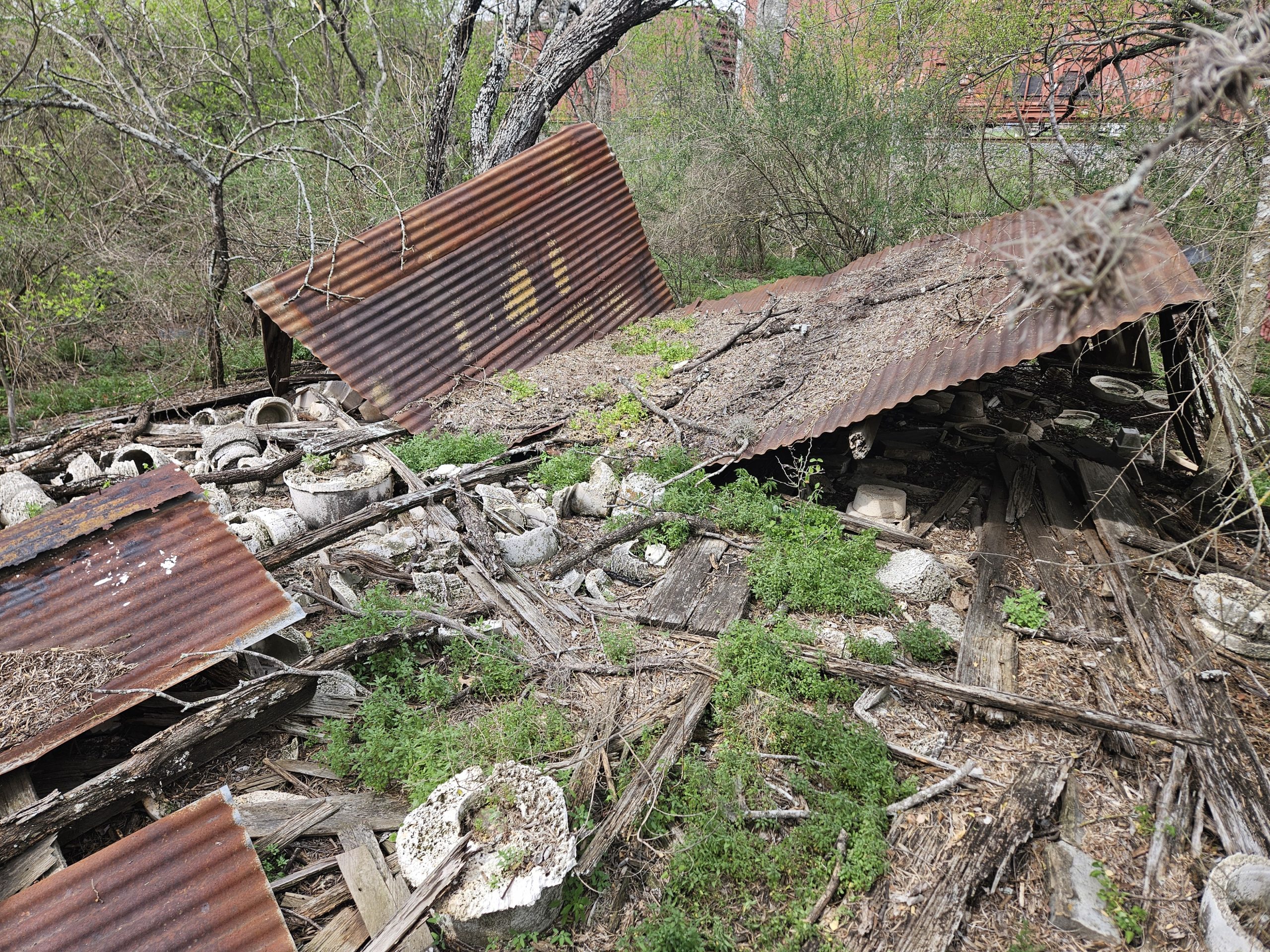 Photo showing various pieces of pottery among metal roofind material and a collapsed wooden building.