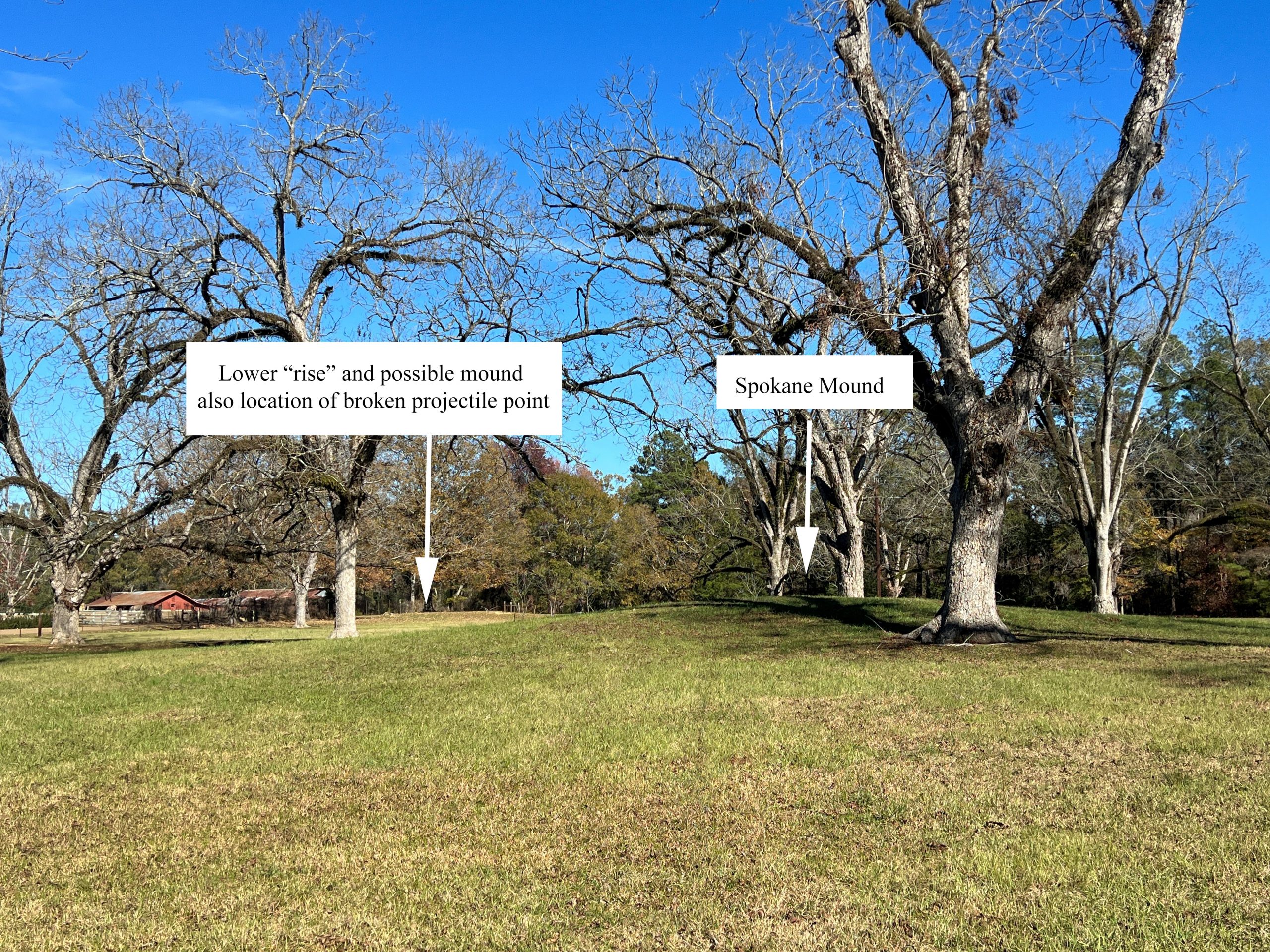 photo showing grassy area with two mounds surrounded by trees. Two labels are afixed, showing the locations of the mounds.