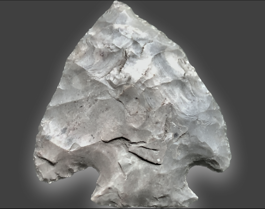 A Manker Point made from Grand Meadow Chert during the Middle Woodland Period, 200BCE to 200CE; its resharpened tip and edge show that it was heavily used, and valued. Photo credit: Tom Trow