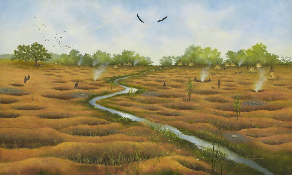 Artist's depiction of the Grand Meadow Chert Quarry as it would have looked 1,000 years ago, with people working to clear the quarry pits, fires buring ,teepees in the background, and eagles flying overhead. Painting by Art Kenyon