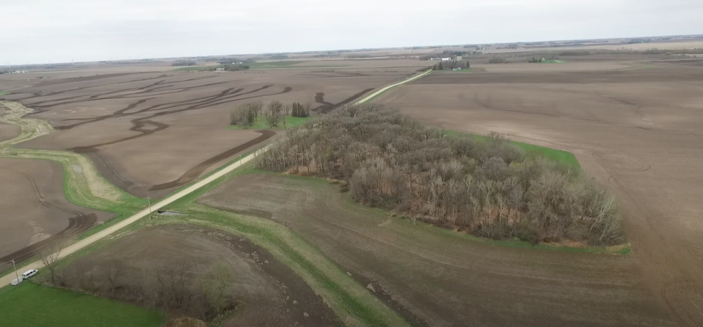 Aerial view of small oblong wooded area of land that is surrounded by farmed fields. A road crosses diagonally from bottom left to upper middle. Photo credit: Tom Trow