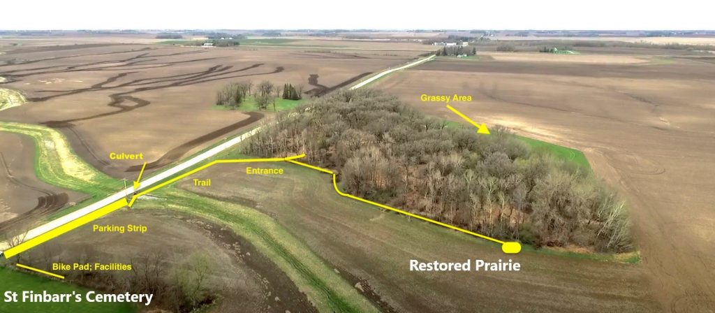 Drone view of the Grand Meadow Chert Quarry with labels showing different aspects of new public access area. Photo credit: Tom Trow